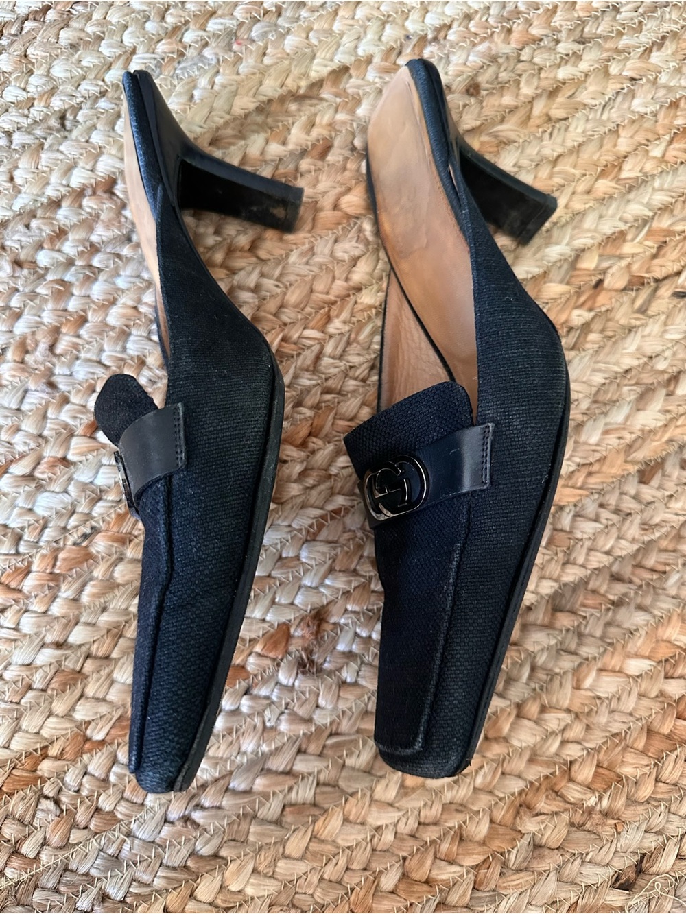 GUCCI Black Canvas + Leather Square Toe Heel-Silver GG Metal Monogram Size 10 - Picture 4 of 8